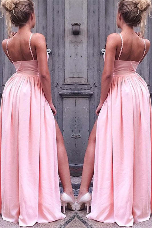 Spaghetti-Straps Pink Prom Dress with Slit