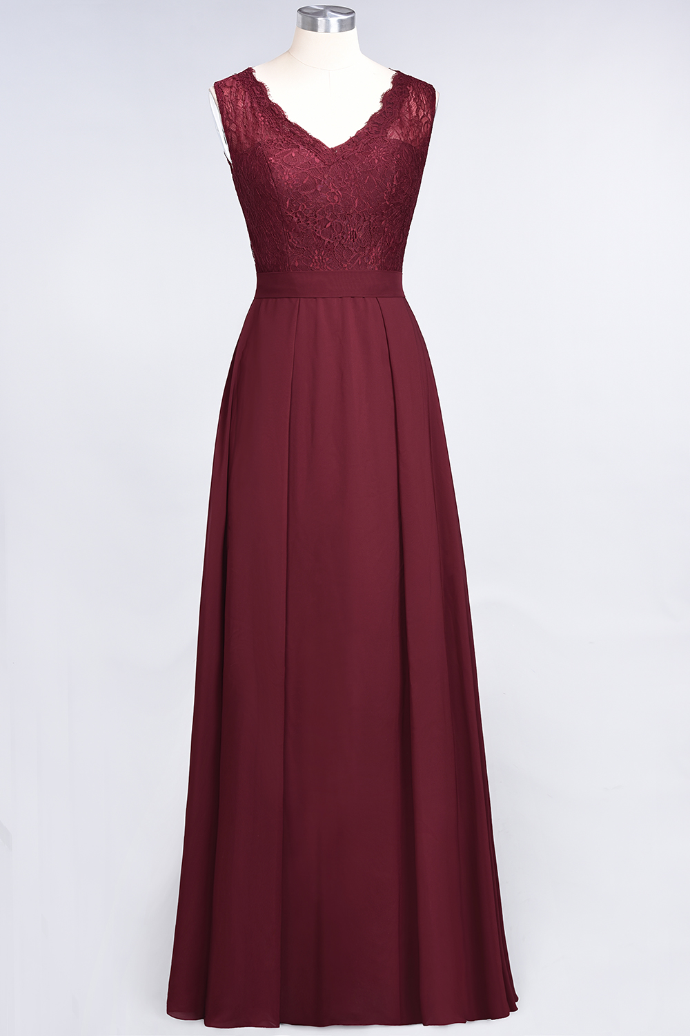 27prom Modest Chiffon V-Neck Burgundy Lace Bridesmaid Dresses Online-27prom