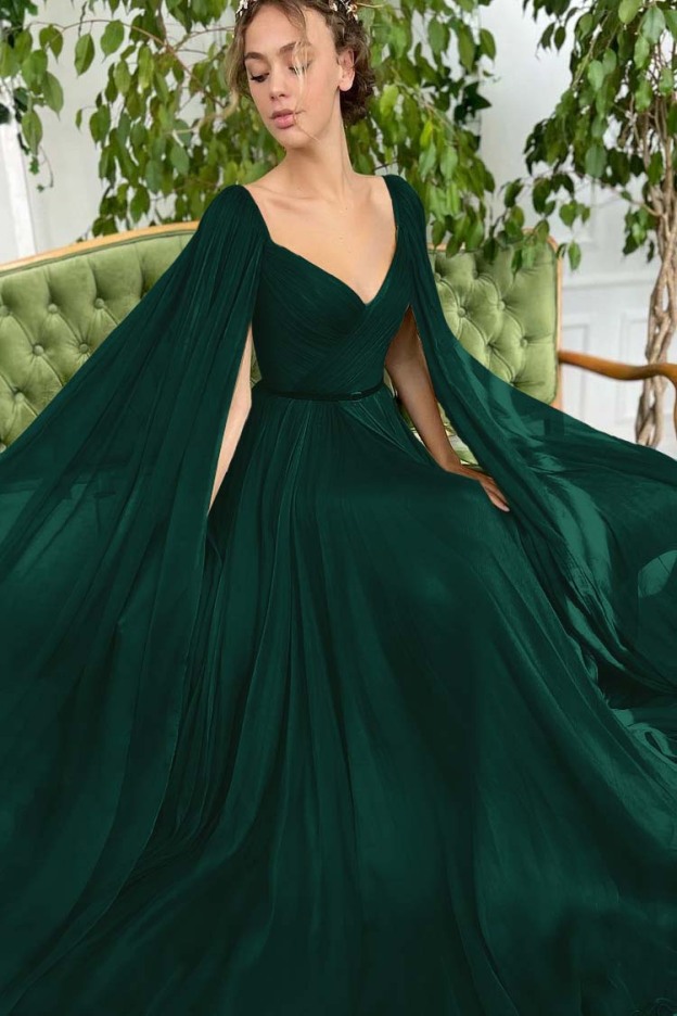 Elegant Green Long Sleeves Formal Belt Prom Dress Tulle With Split