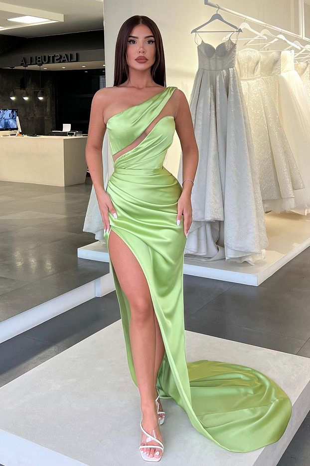 Charming Light Green One Shoulder Sleeveless Split Evening Dress With Pleated