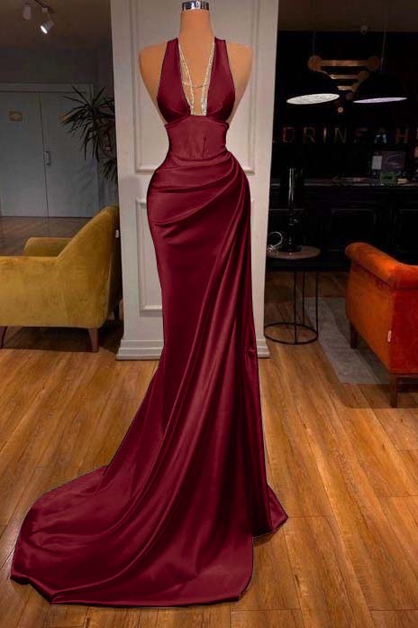 Halter Deep V Neck Sleeveless Mermaid Long Prom Dress Elegant With Ruffles