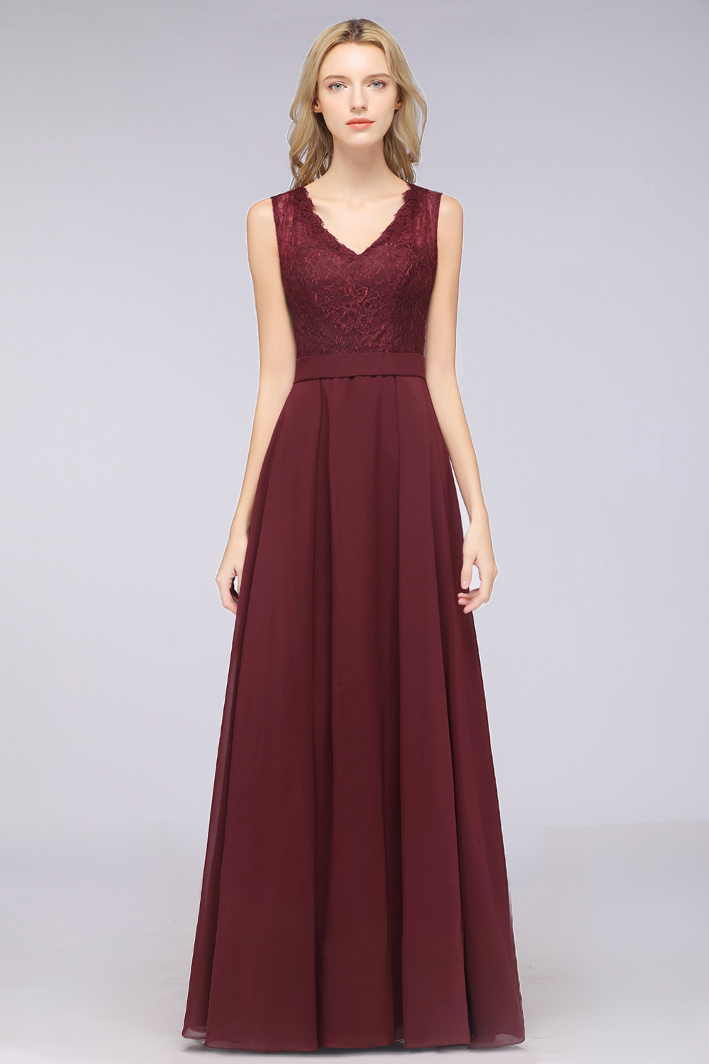 27prom Modest Chiffon V-Neck Burgundy Lace Bridesmaid Dresses Online-27prom