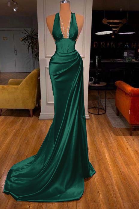 Halter Deep V Neck Sleeveless Mermaid Long Prom Dress Elegant With Ruffles