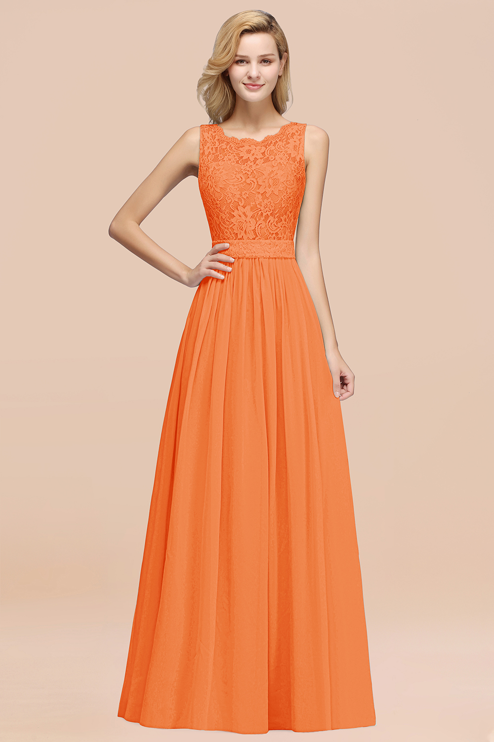 27prom Elegant Chiffon Lace Scalloped Sleeveless Ruffle Bridesmaid Dresses-27prom