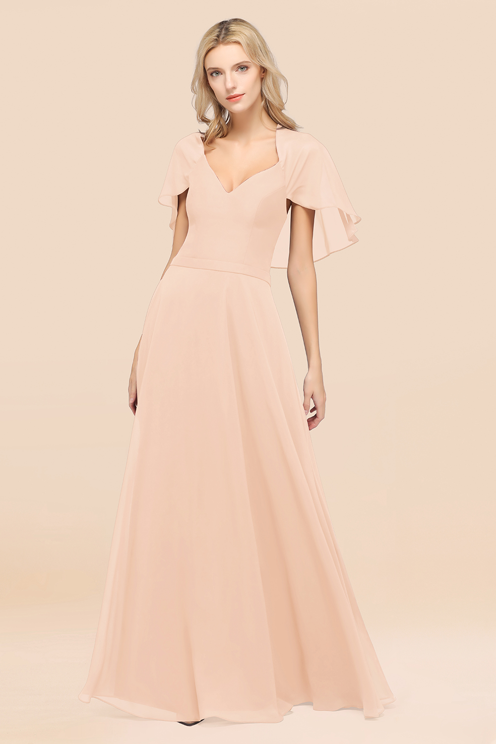 27prom Chic Satin V-Neck Long Burgundy Chiffon Bridesmaid Dress with Flutter Sleeve-27prom