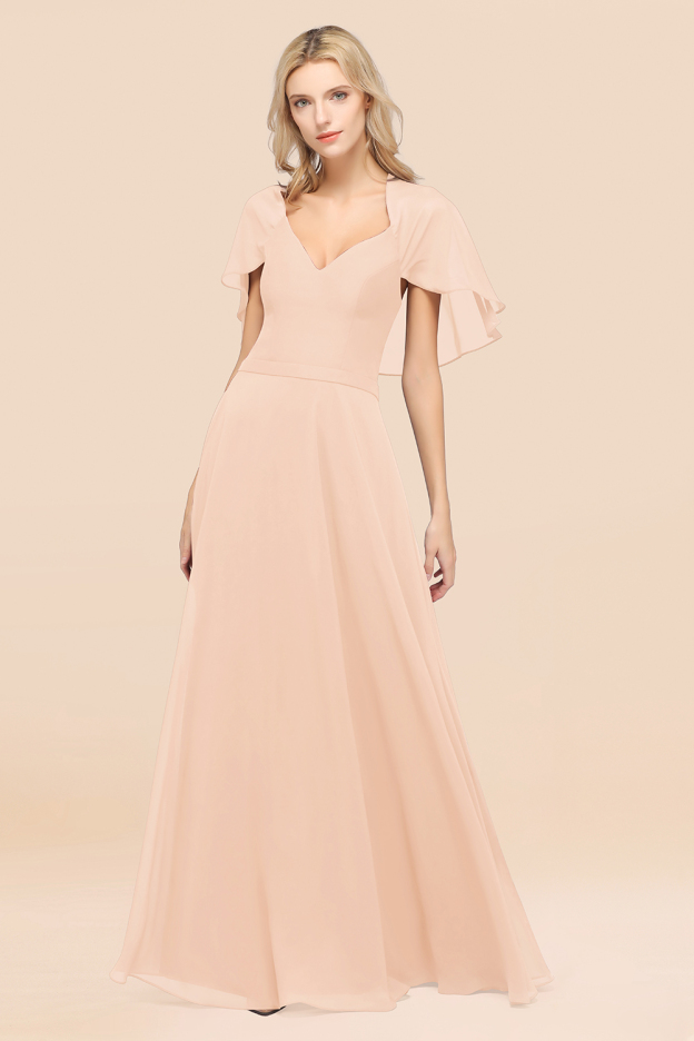 27prom Chic Satin V-Neck Long Burgundy Chiffon Bridesmaid Dress with Flutter Sleeve-27prom