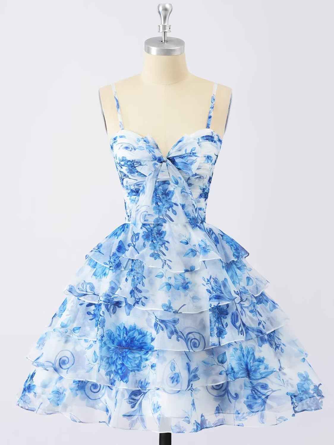 SoDigne Tiered Ruffles Short Homecoming Dresses with Bow Corset Floral Print Mini Cocktail Party Gown