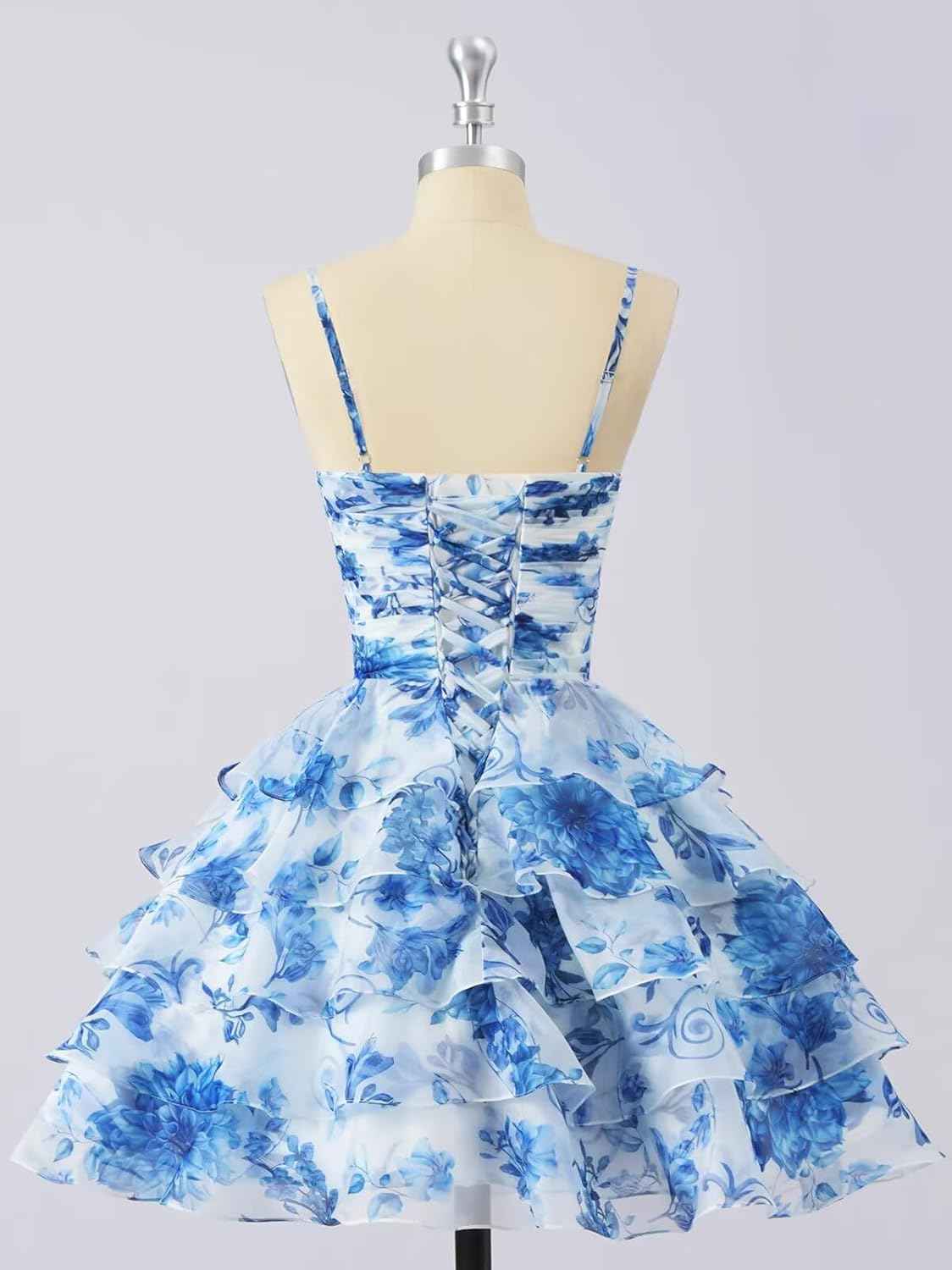 SoDigne Tiered Ruffles Short Homecoming Dresses with Bow Corset Floral Print Mini Cocktail Party Gown