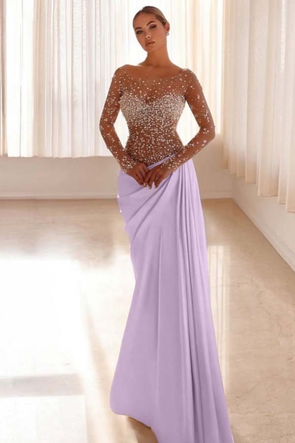 Jewel Neck Long Sleeves Long Mermaid Prom Dress With Pleated