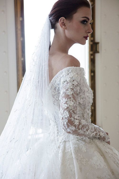 Off-the-Shoulder Sweetheart Long Sleeve A-Line Backless Wedding Dress with Lace, Appliques, and Crystal