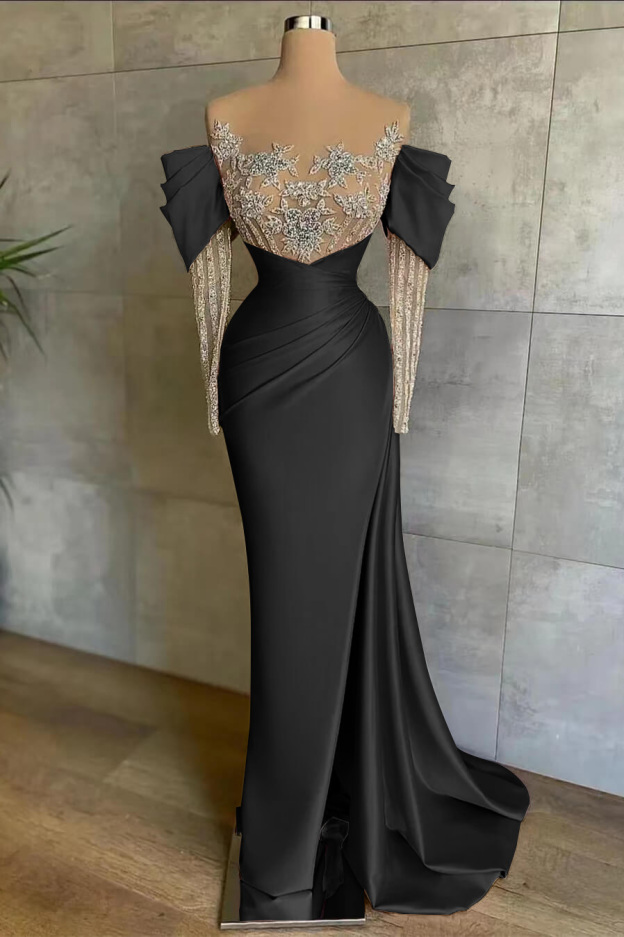 Pink Split Mermaid Long Sleeves Prom Dress Beadings With Appliques Off the Shoulder