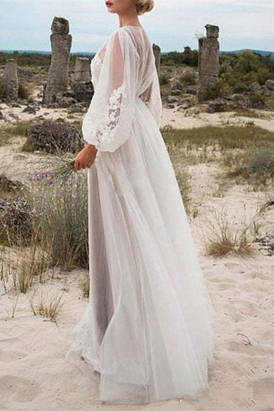 Bubble Sleeve Tulle Lace Wedding Dress
