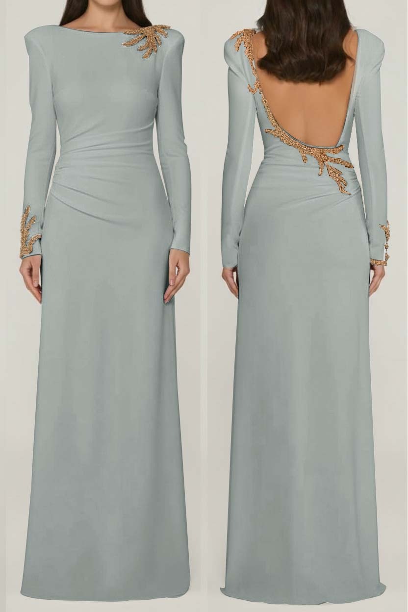 Long Sleeves Long Backless Prom Dress With Appliques Pleated