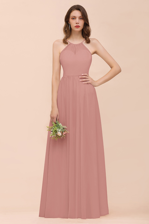 27prom Gorgeous Chiffon Halter Ruffle Affordable Long Bridesmaid Dress-27prom