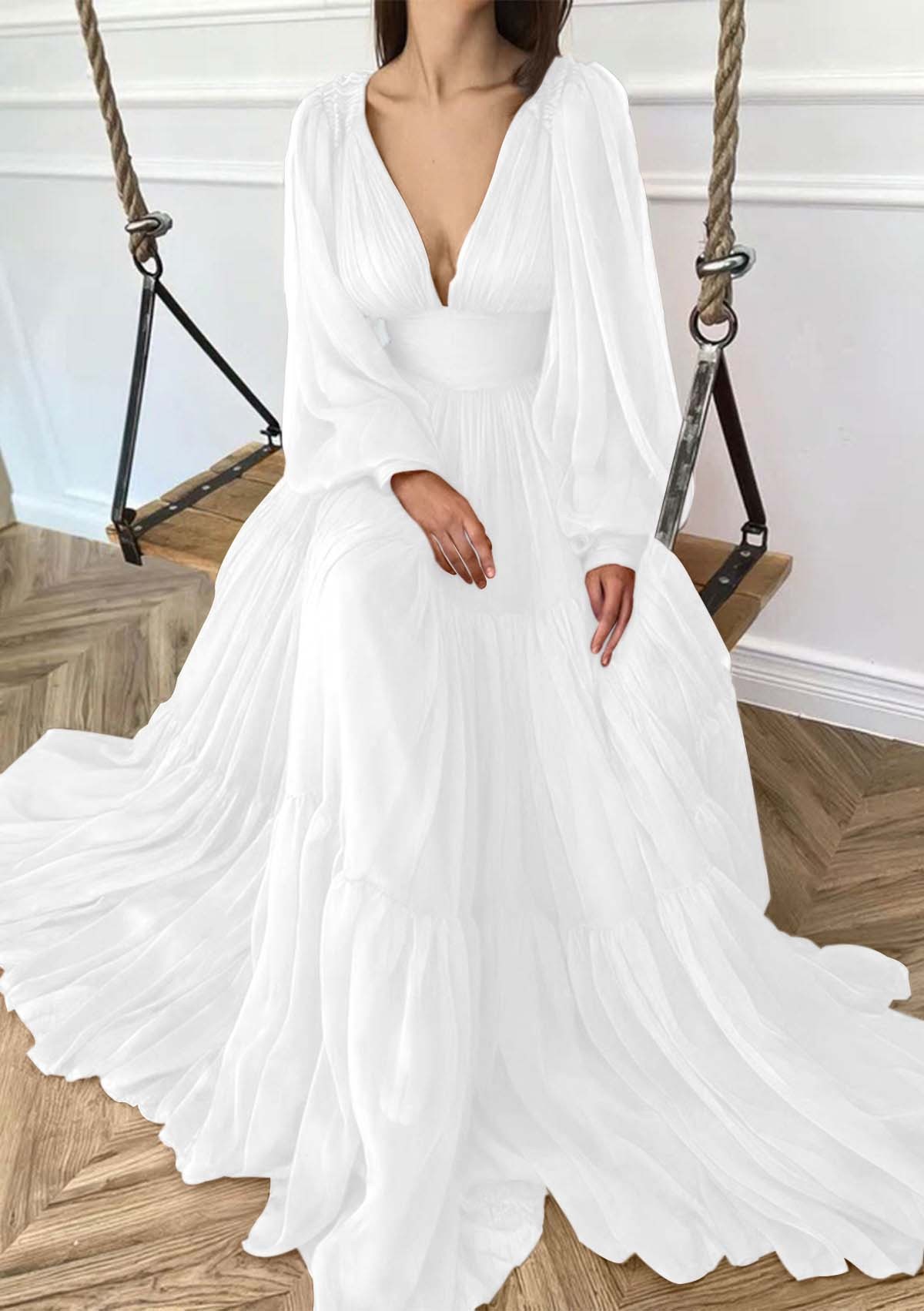 Deep V Neck Long Sleeves High Waist Long Prom Dress With Ruffles