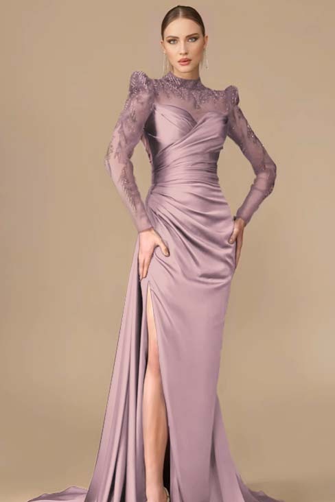 Long Sleeves Long Mermaid Prom Dress With Split Pleated Appliques