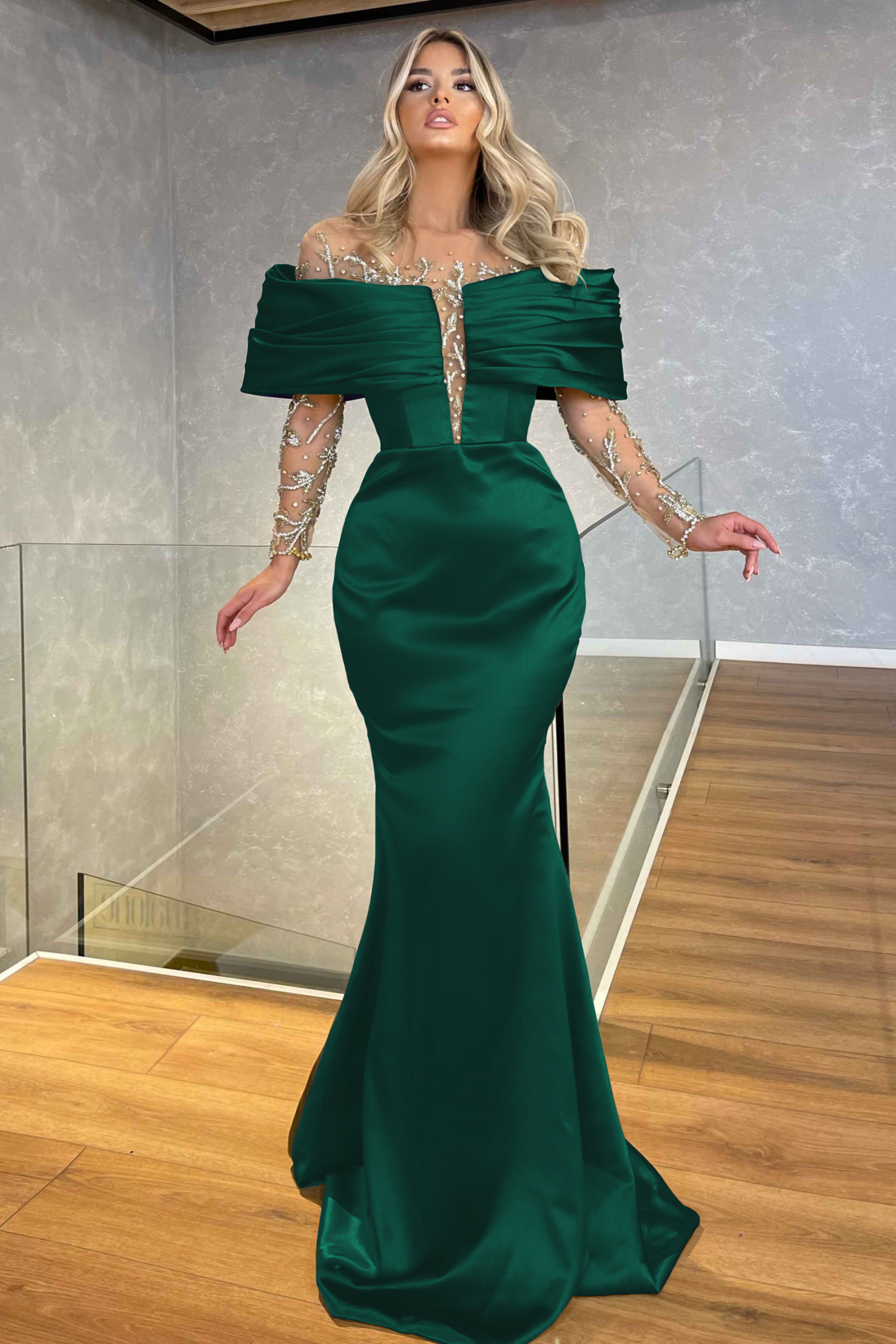 Green Prom Dress Off the Shoulder Long Sleeves Beading Embellished