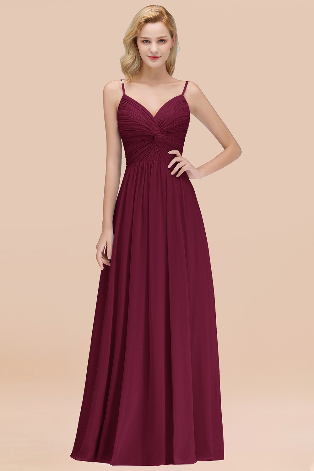 27prom Chic V-Neck Pleated Backless Bridesmaid Dresses with Spaghetti Straps-27prom