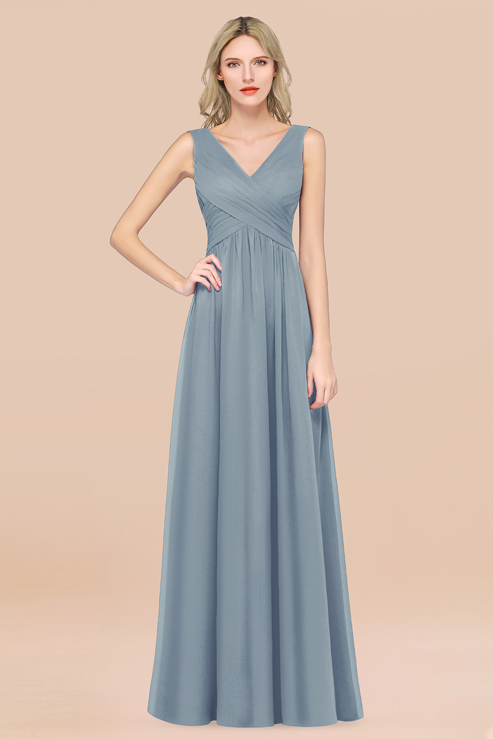 27prom Glamorous Chiffon V-Neck Sleeveless Burgundy Bridesmaid Dress with Draped Back-27prom