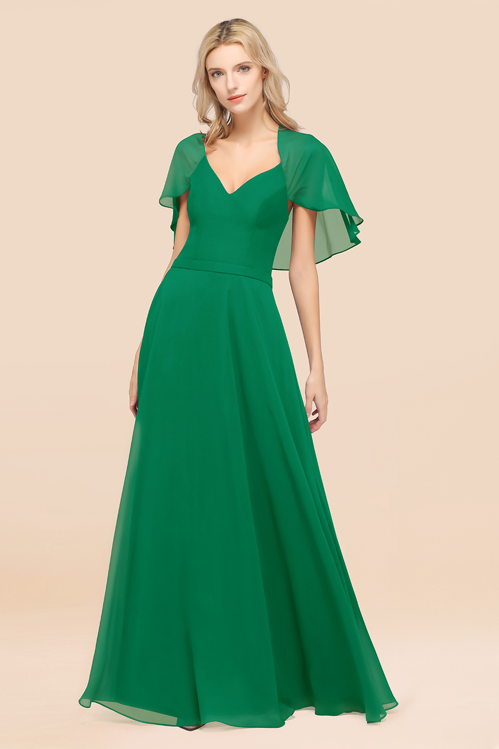 27prom Chic Satin V-Neck Long Burgundy Chiffon Bridesmaid Dress with Flutter Sleeve-27prom