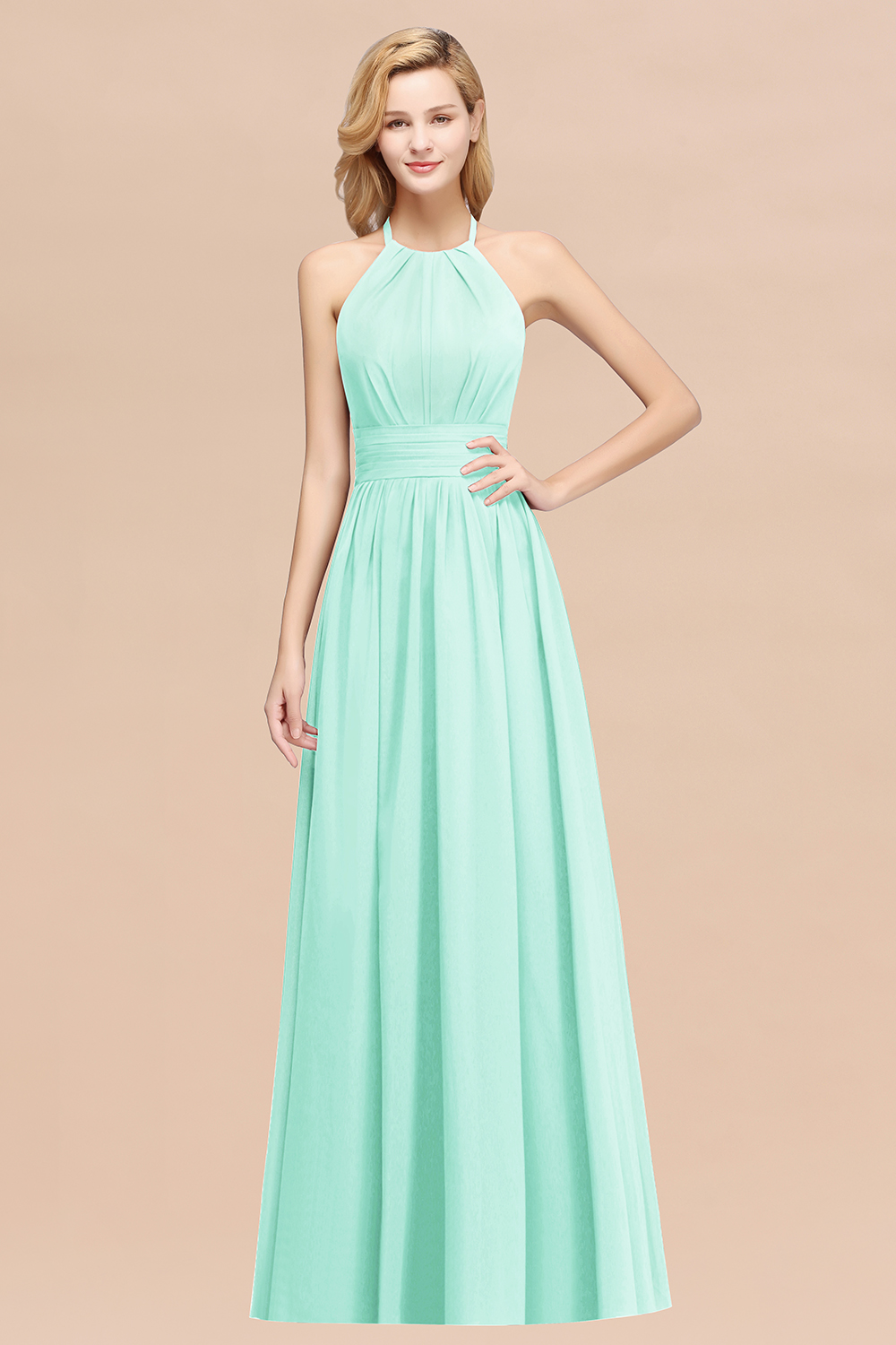 27prom Elegant High-Neck Halter Long Affordable Bridesmaid Dresses with Ruffles-27prom