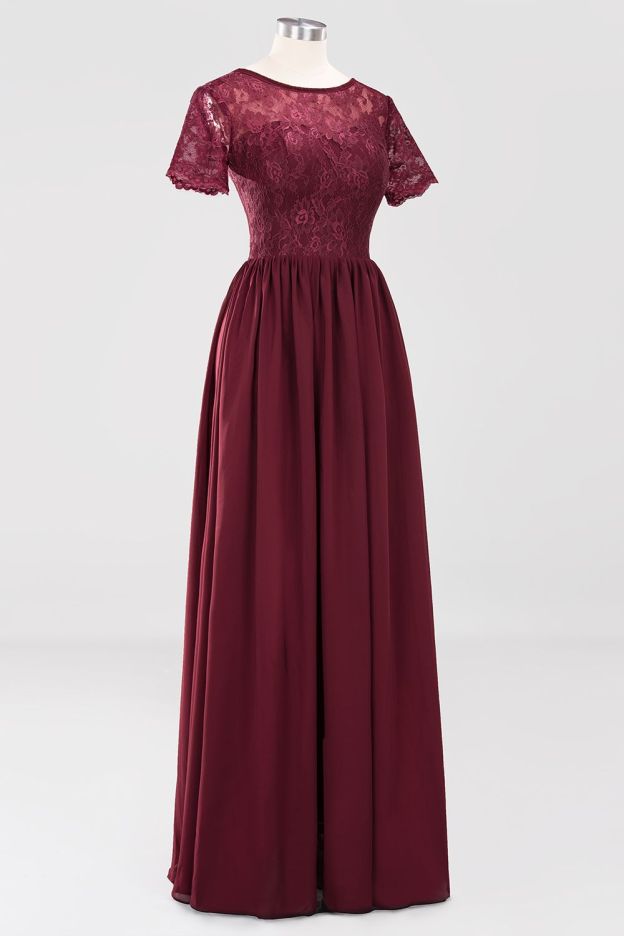 27prom Elegant Dark Navy Long Lace Bridesmaid Dresses with Short-Sleeves-27prom