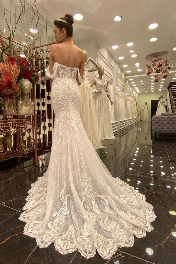 Long Mermaid Off-the-shoulder Wedding Dress With Tulle Lace