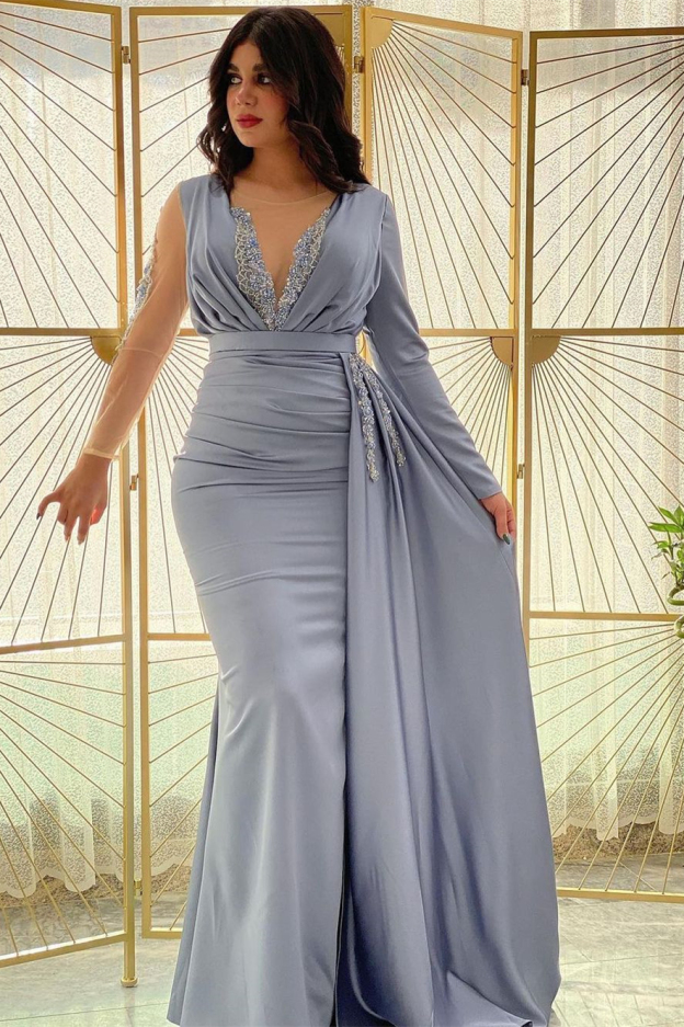 Mermaid Long Sleeves Beadings Pleated Prom Dress Side Split With Ruffles