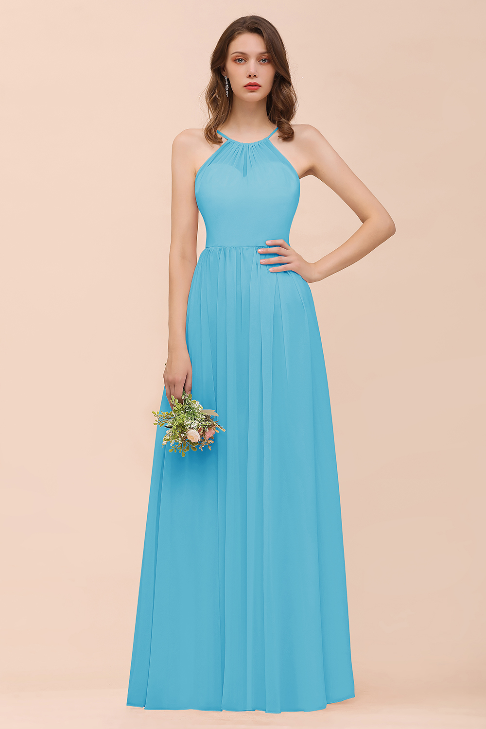 27prom Gorgeous Chiffon Halter Ruffle Affordable Long Bridesmaid Dress-27prom