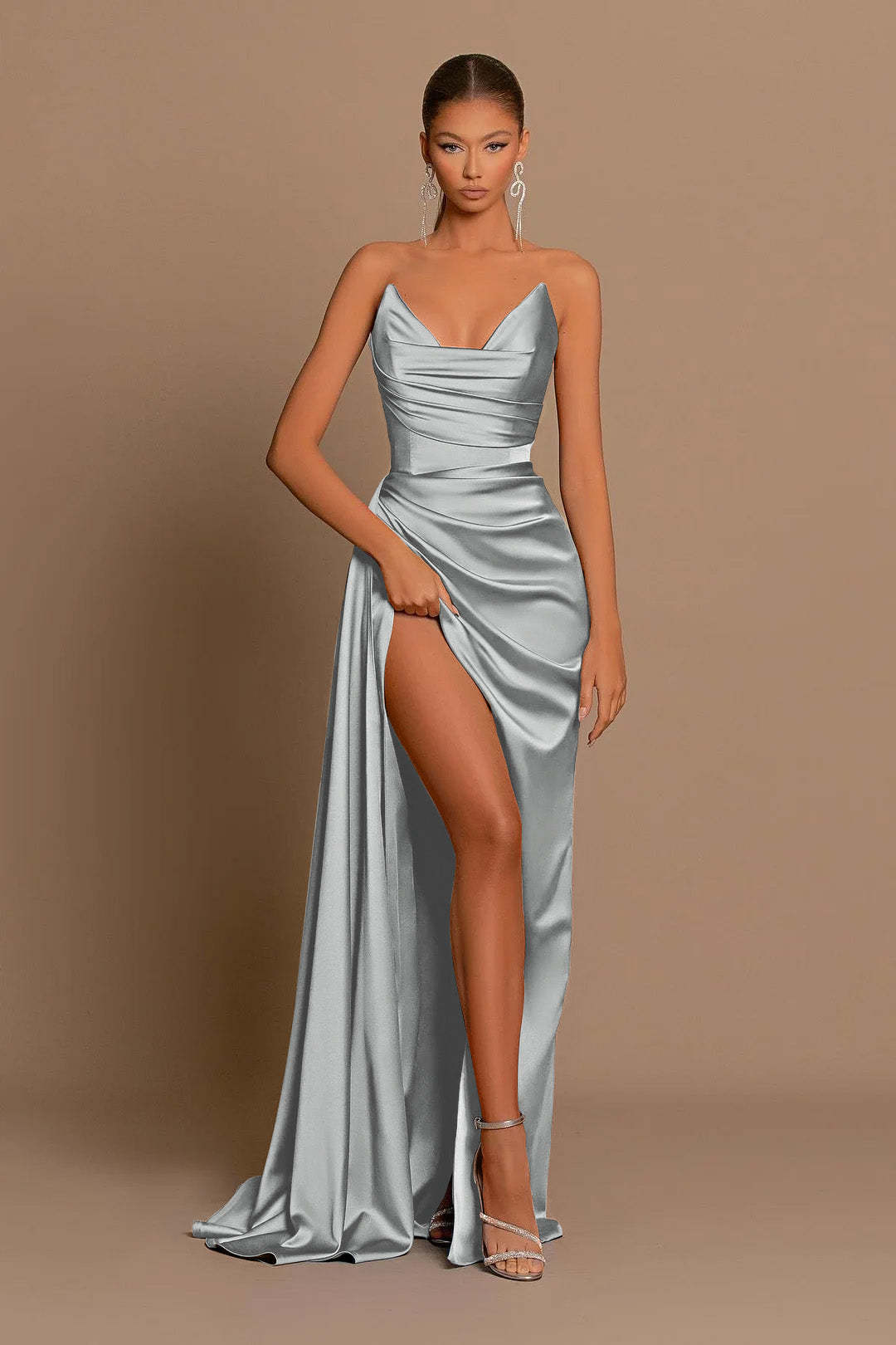Elegant Royal Blue Long Evening Dress with Pleated Charmeuse and Slit
