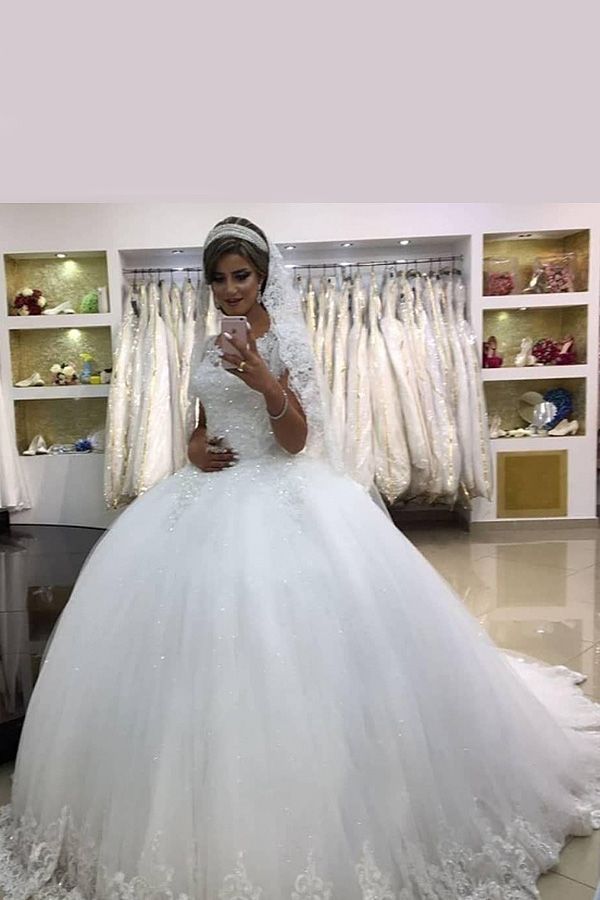 White Short Sleeve Ball Gown Wedding Dress with Lace