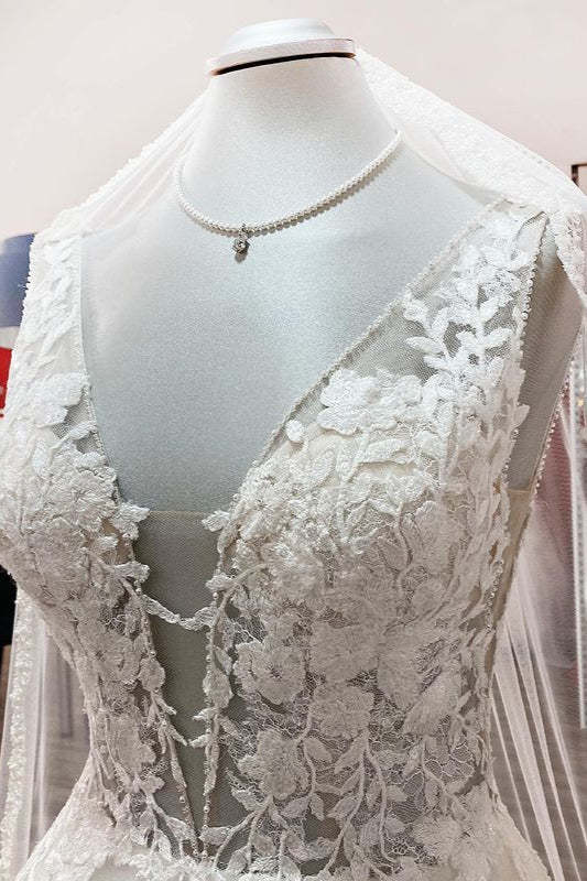 Elegant V-Neck Long A-Line Wedding Dress with Open Back and Tulle Lace