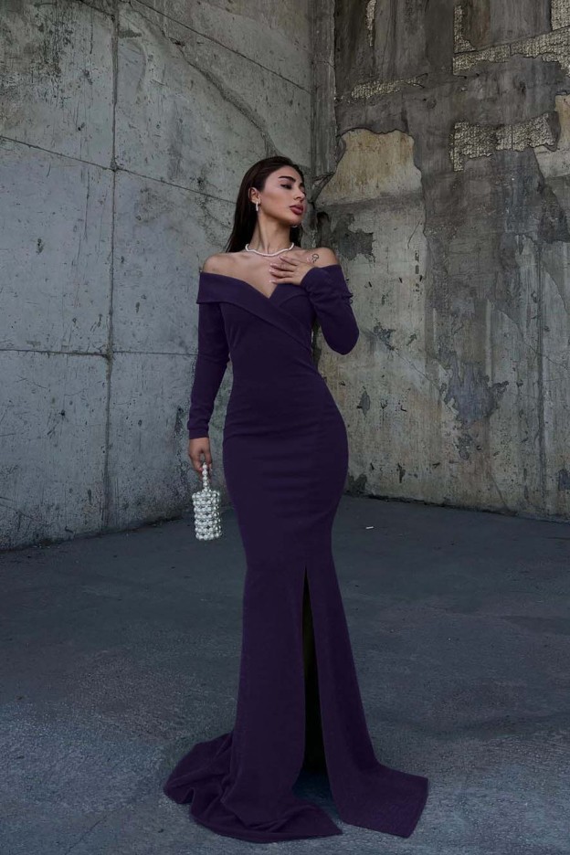 Off the Shoulder Long Sleeves Split Long Prom Dress With Pleated