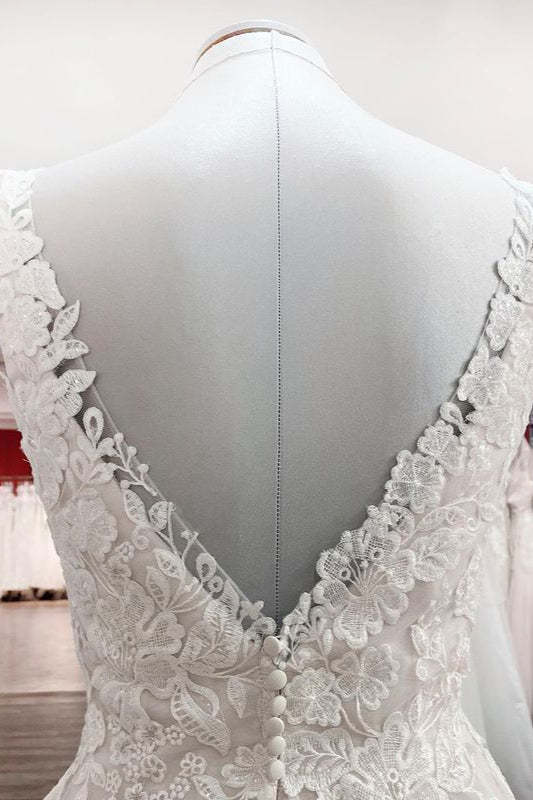 Simple V-Neck Long A-Line Tulle Lace Wedding Dress with Open Back and Appliques