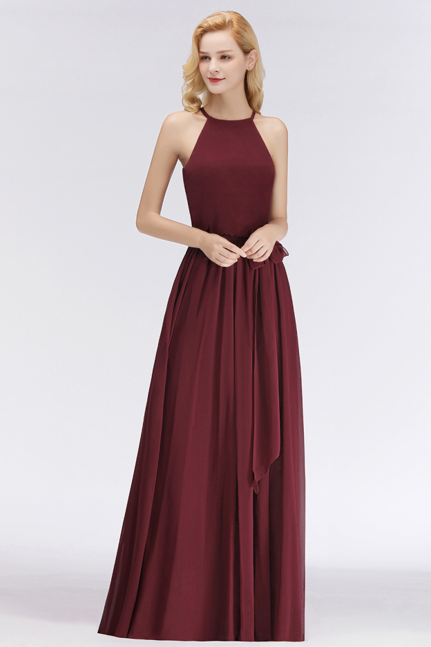 27prom Affordable Halter Bow Long Bridesmaid Dress Modest Burgundy Chiffon Wedding Party Dress-27prom