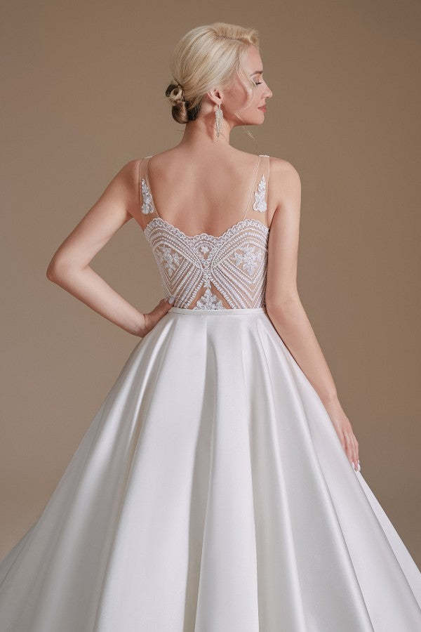 Satin A-Line Wedding Dress Long V-neck With Appliques Lace