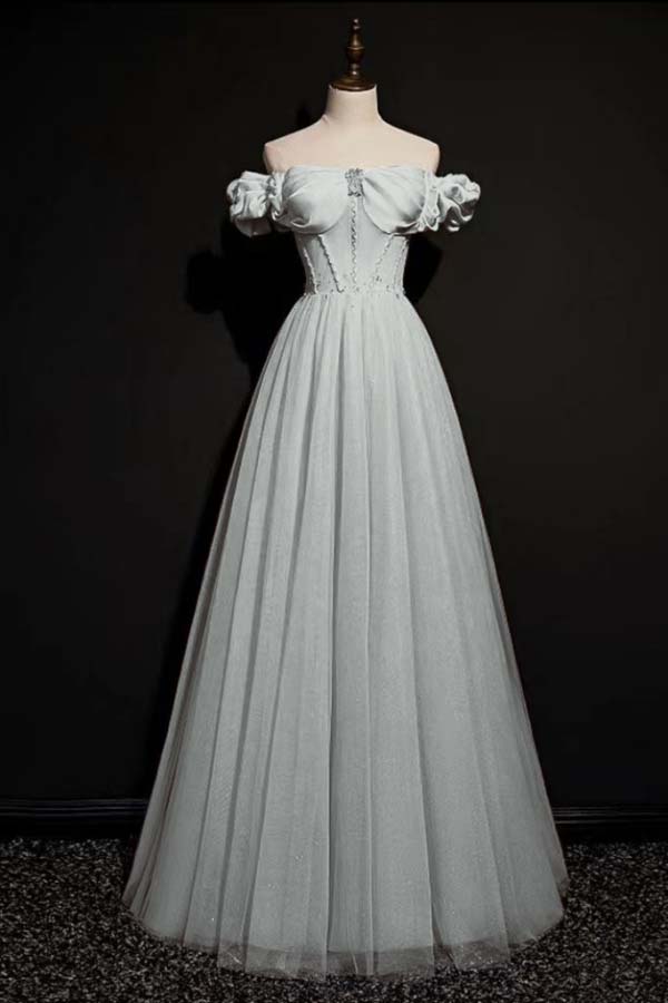 Off the Shoulder Strapless Sleeveless Long Prom Dress With Tulle