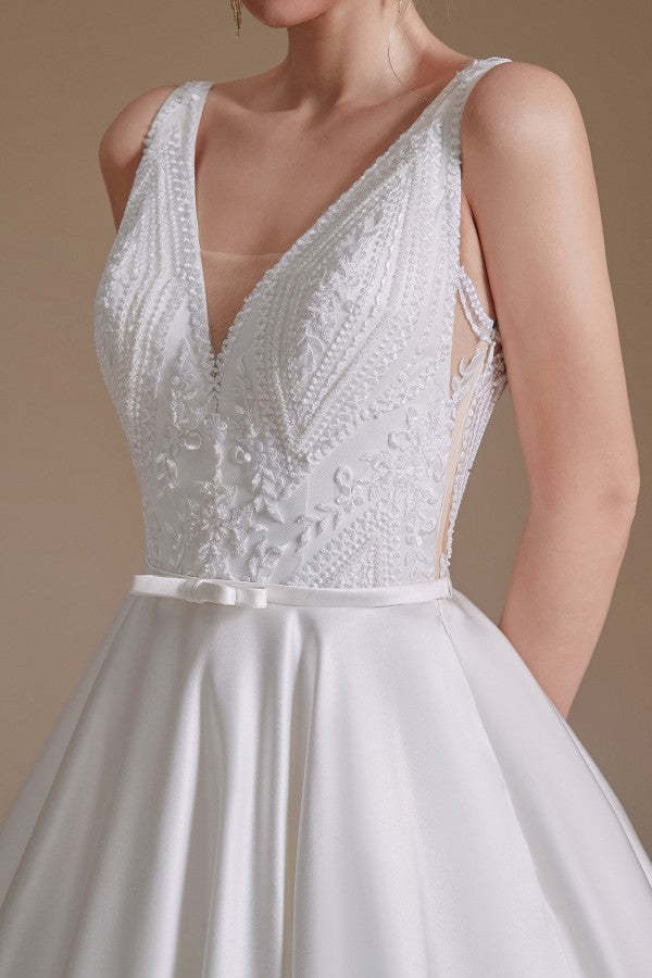 Satin A-Line Wedding Dress Long V-neck With Appliques Lace