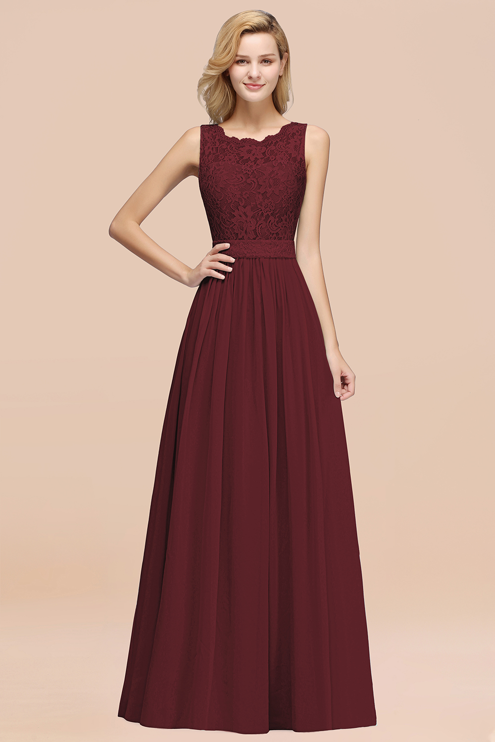 27prom Elegant Chiffon Lace Scalloped Sleeveless Ruffle Bridesmaid Dresses-27prom