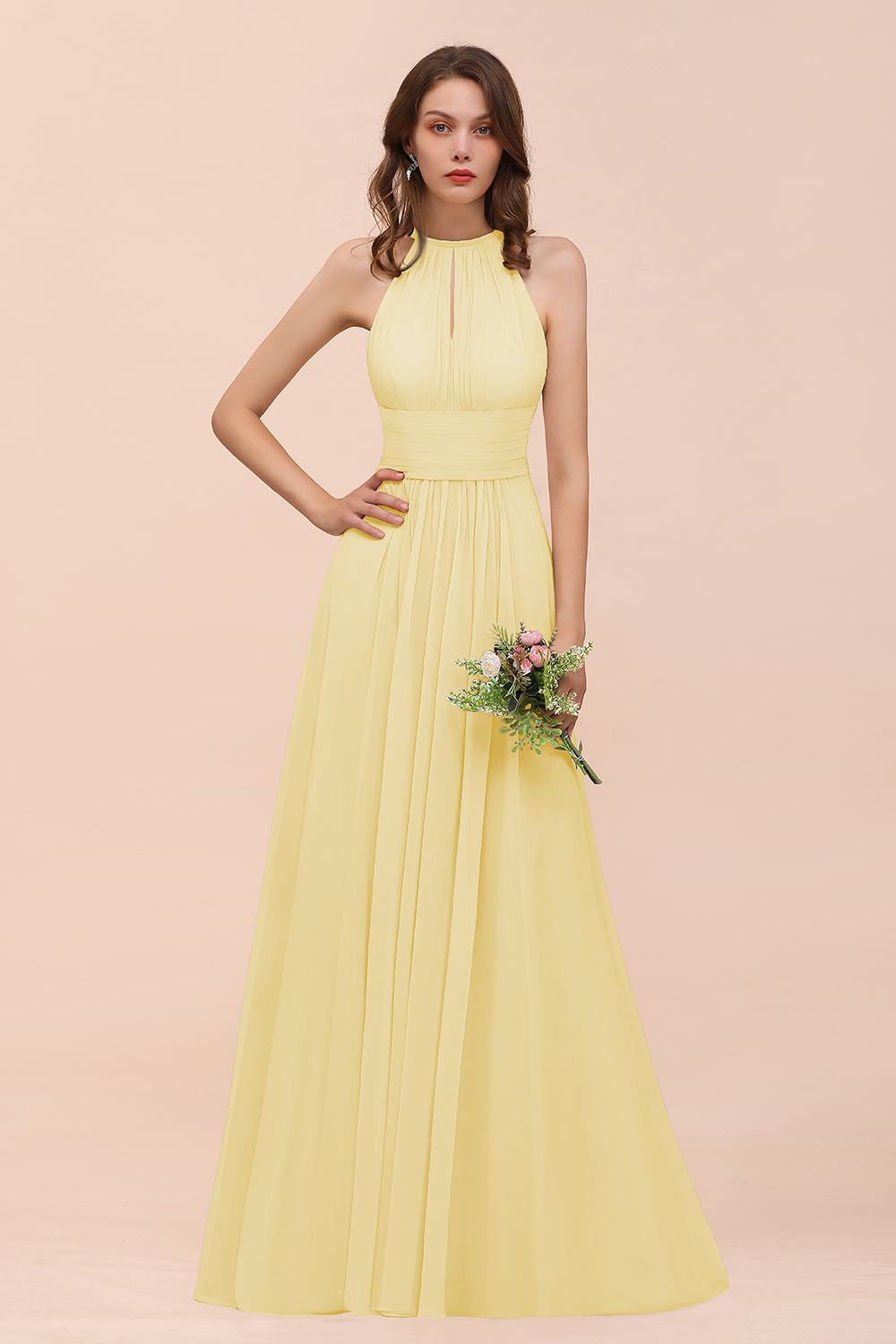 27prom Elegant Chiffon Jewel Ruffle Champagne Affordable Bridesmaid Dress Online-27prom