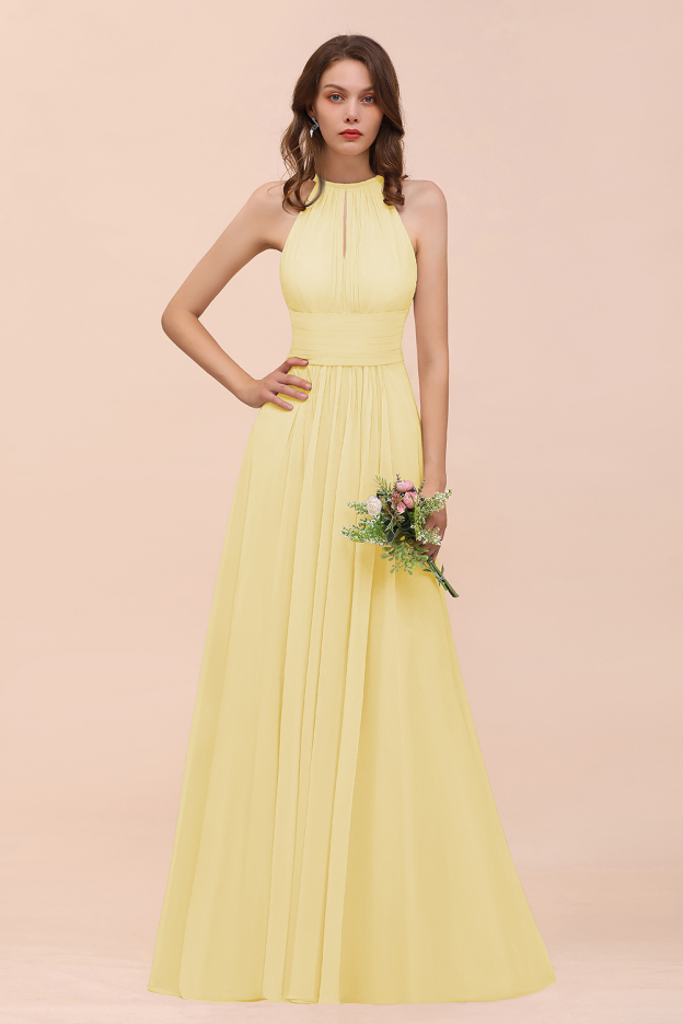 27prom Elegant Chiffon Jewel Ruffle Champagne Affordable Bridesmaid Dress Online-27prom