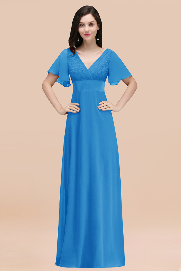 27prom Affordable V-Neck Ruffle Long Burgundy Bridesmaid Dress With Short-Sleeves-27prom
