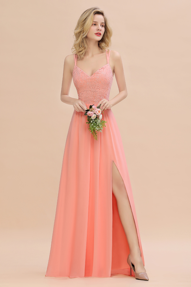 27prom Spaghetti-Straps Coral Lace Bridesmaid Dresses with Slit-27prom