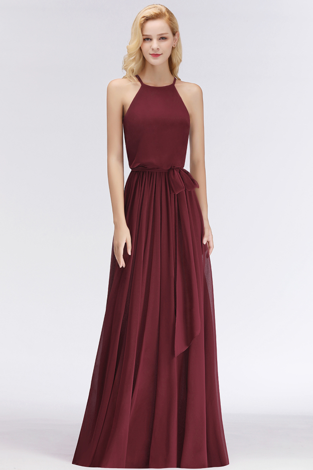 27prom Affordable Halter Bow Long Bridesmaid Dress Modest Burgundy Chiffon Wedding Party Dress-27prom