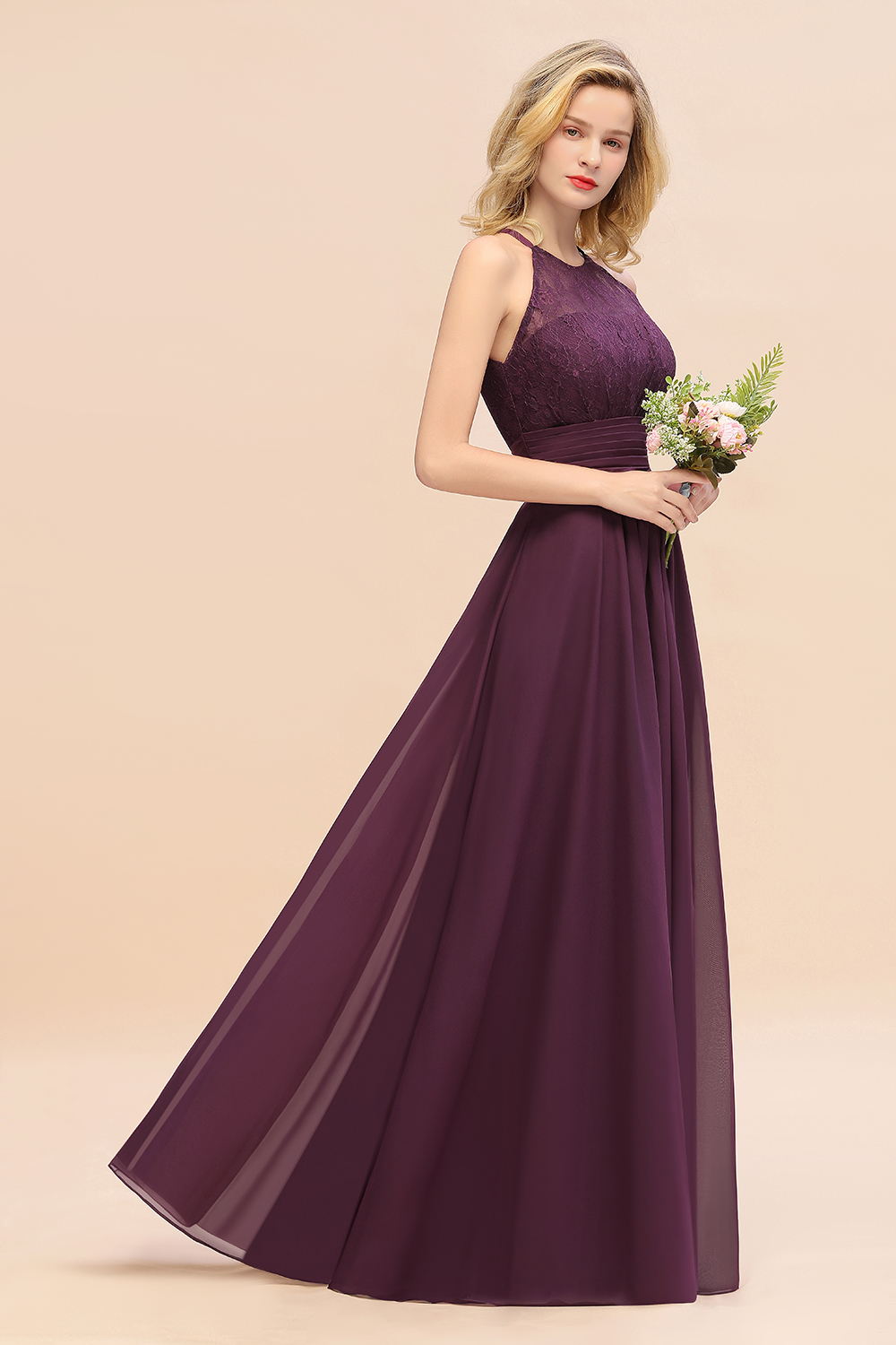 27prom Elegant Halter Ruffles Sleeveless Grape Lace Bridesmaid Dresses Affordable-27prom