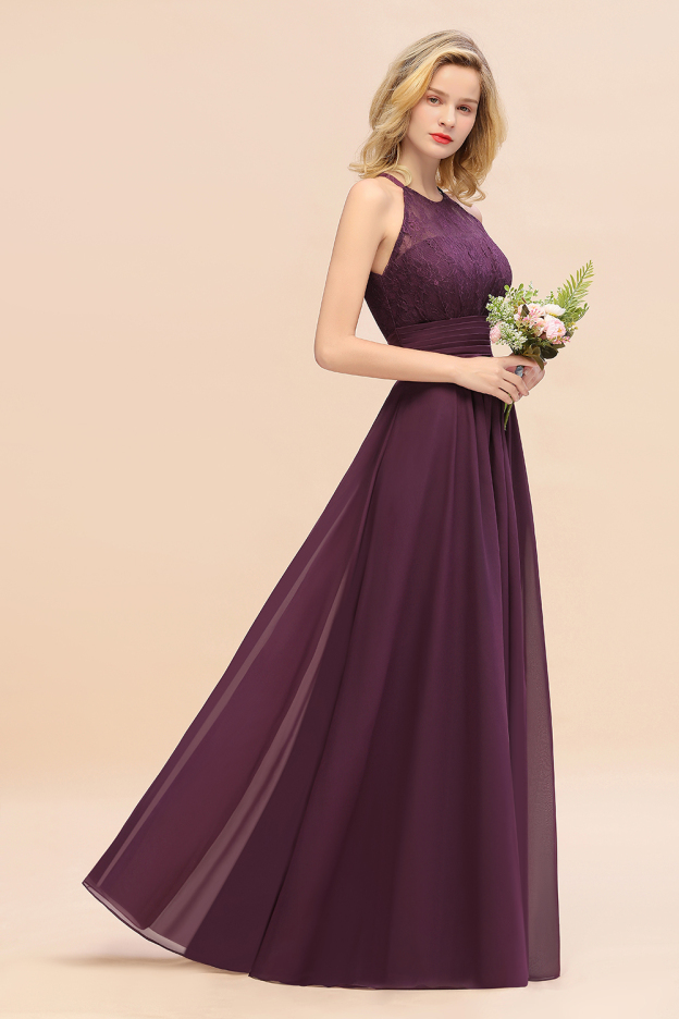 27prom Elegant Halter Ruffles Sleeveless Grape Lace Bridesmaid Dresses Affordable-27prom