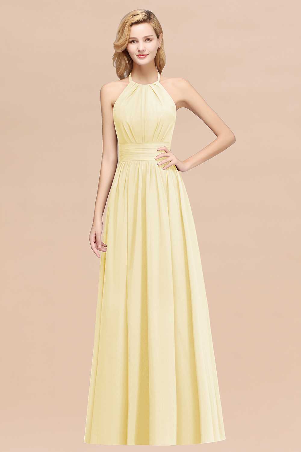 27prom Elegant High-Neck Halter Long Affordable Bridesmaid Dresses with Ruffles-27prom