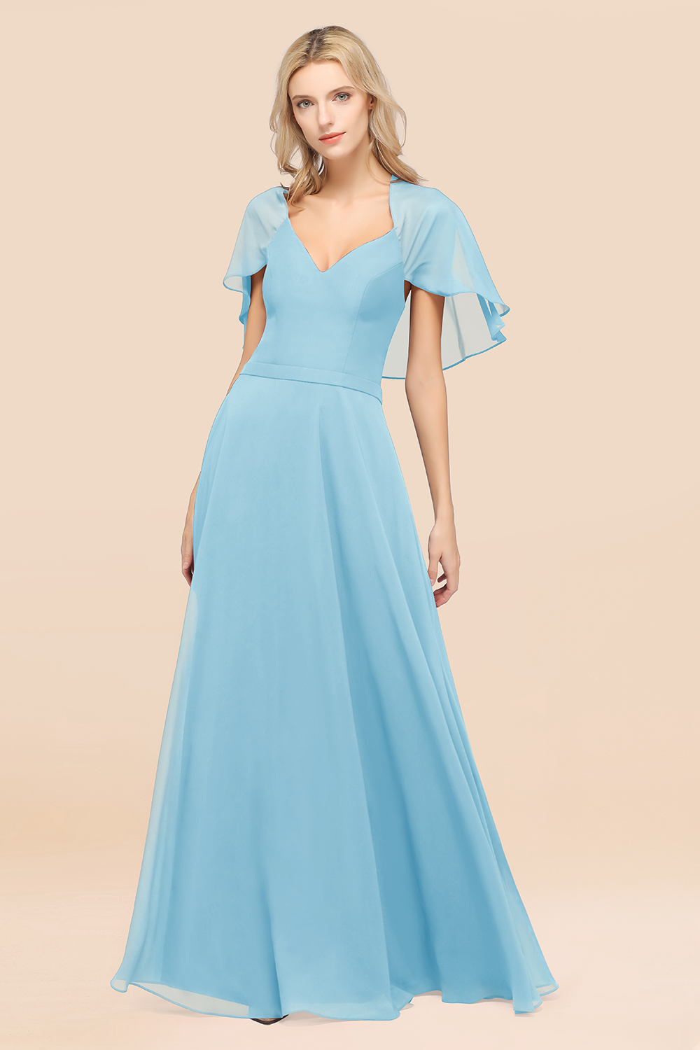 27prom Chic Satin V-Neck Long Burgundy Chiffon Bridesmaid Dress with Flutter Sleeve-27prom