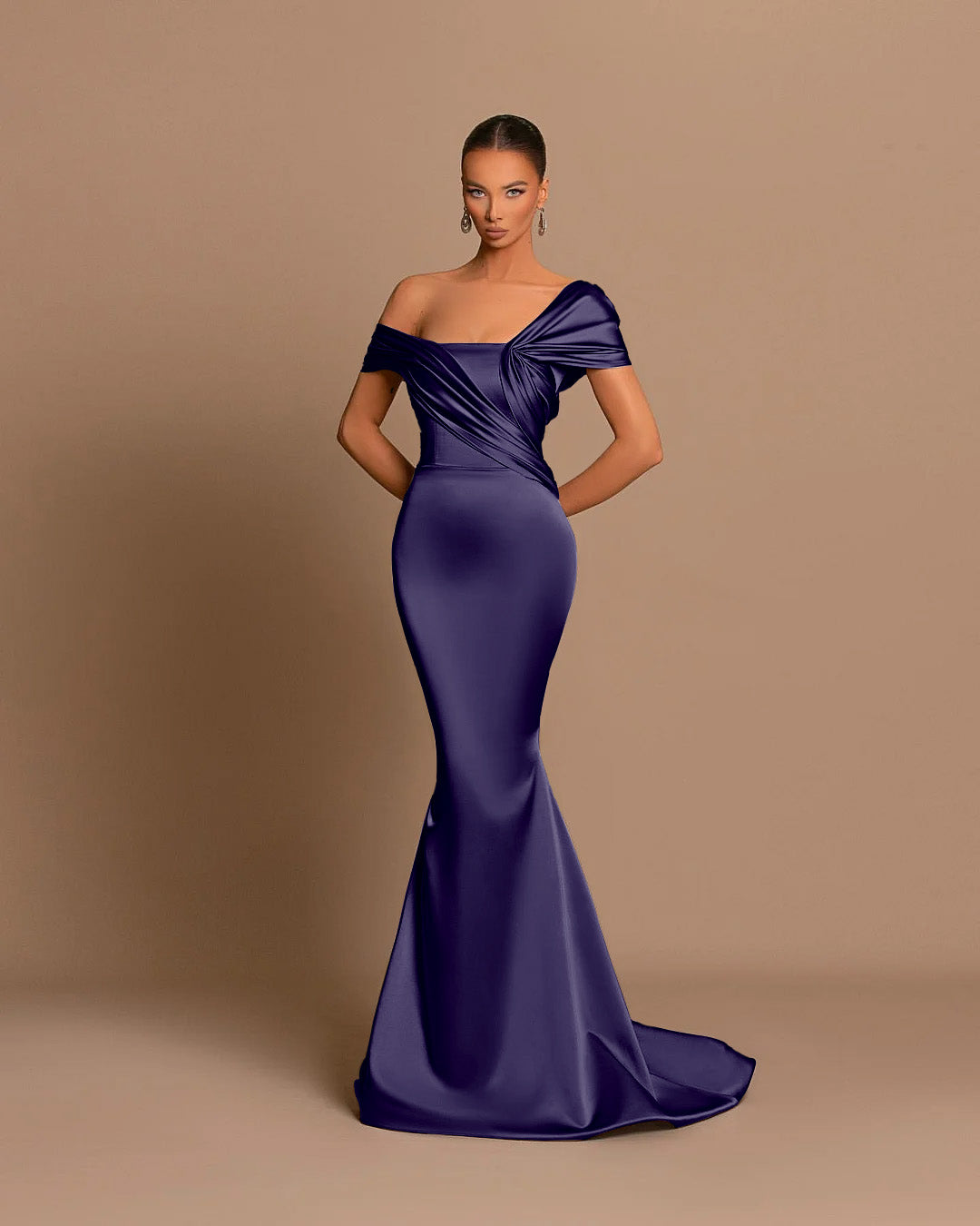 Grey Off-The-Shoulder Evening Dress Bateau Pleated Ball Gown