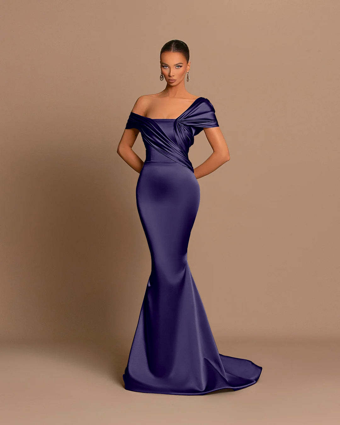 Grey Off-The-Shoulder Evening Dress Bateau Pleated Ball Gown
